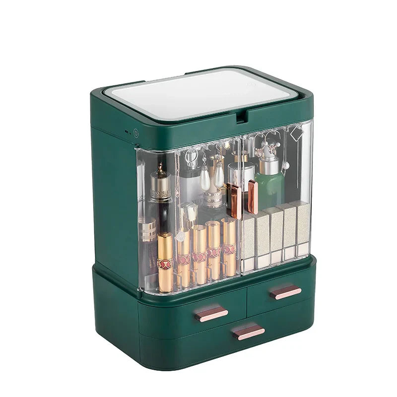 Organisateur Maquillage LED avec Miroir - Boîte Rangement Cosmétiques Tiroirs Anti-Poussière - SHOP VELUMIA